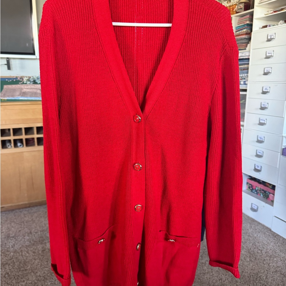 St. John Red Cardigan Sweater with V-Neck